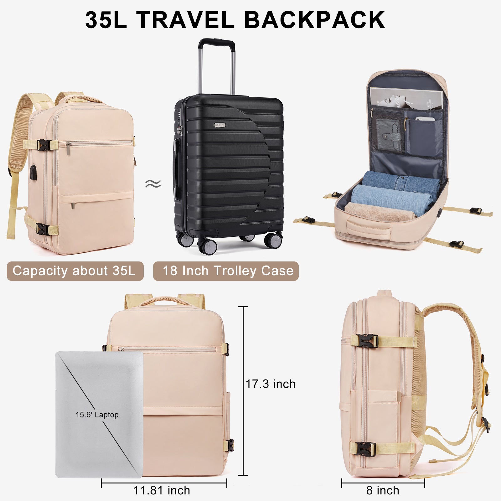 CLUCI Travel Backpack 15.6 Inch College Laptop Backpack with USB Charging Port,Carry on Backpack for Airplanes