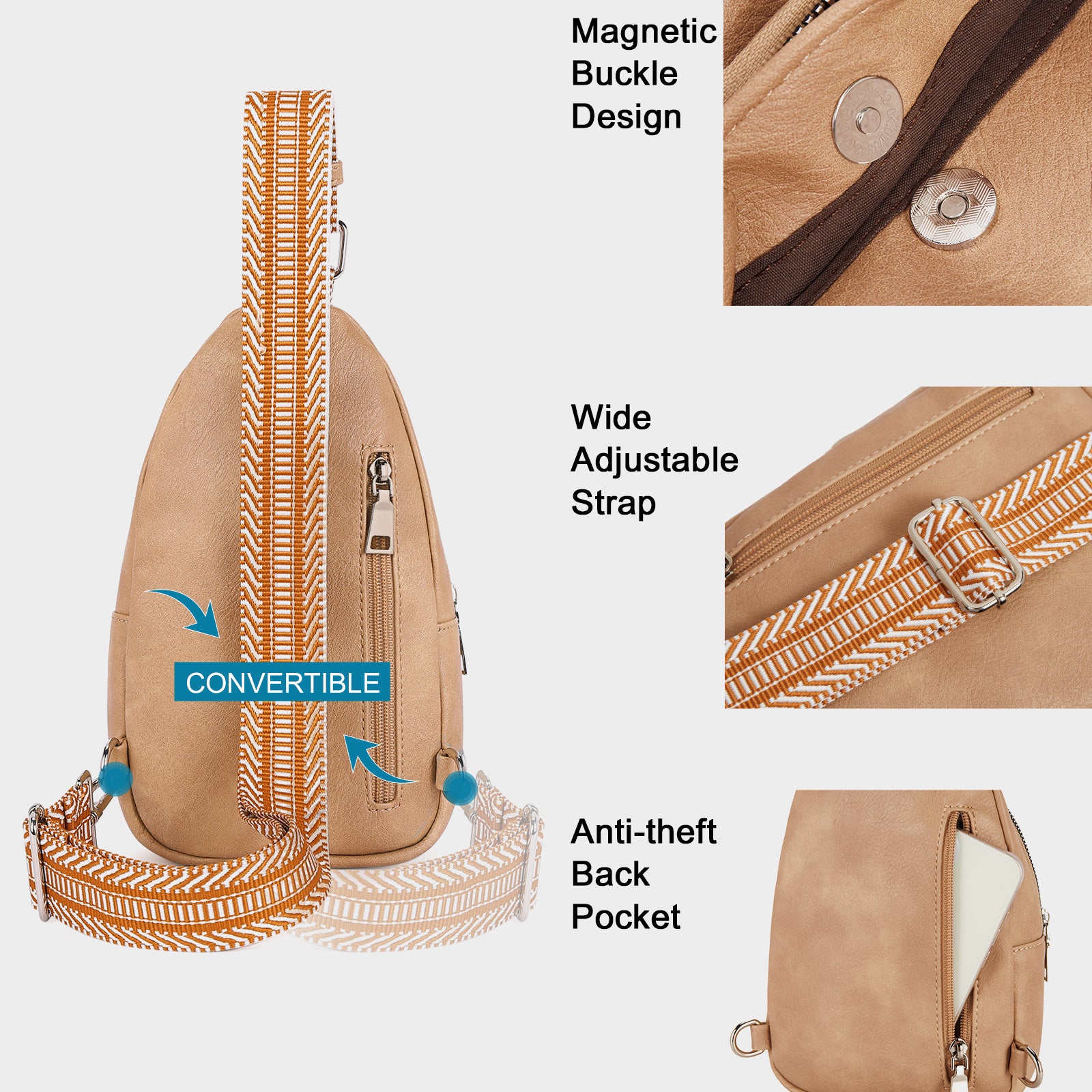 CLUCI Vegan Leather Sling Bag for Women Fanny Pack Crossbody Bags Chest Bag With Guitar Strap