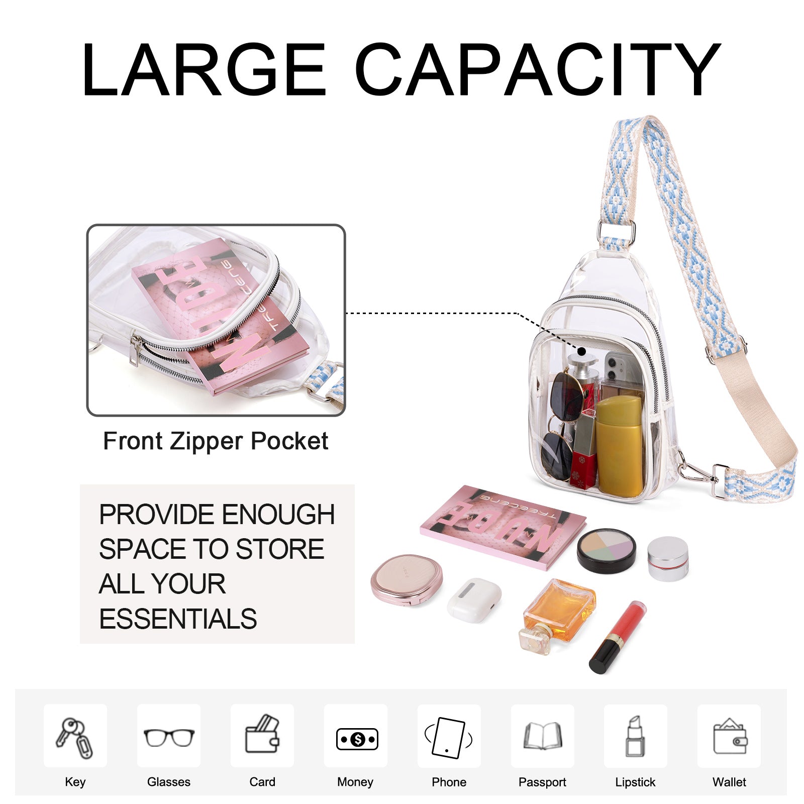 CLUCI Stadium TPU Transparent Clear Sling Bag Approved for Women with Adjustable Strap