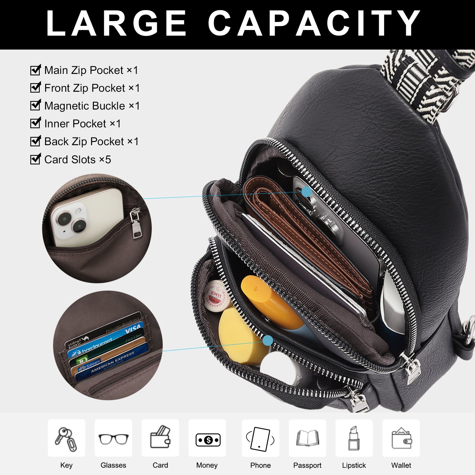CLUCI Vegan Leather Sling Bag for Women Fanny Pack Crossbody Bags Chest Bag With Guitar Strap