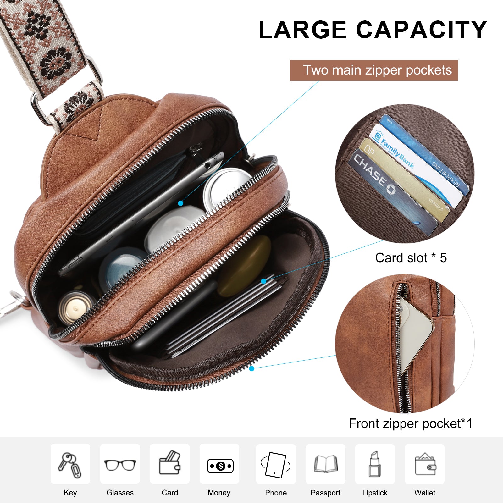 CLUCI Large Leather Fanny Packs Sling Bag for Women Crossbody Purse Trendy Chest Bag