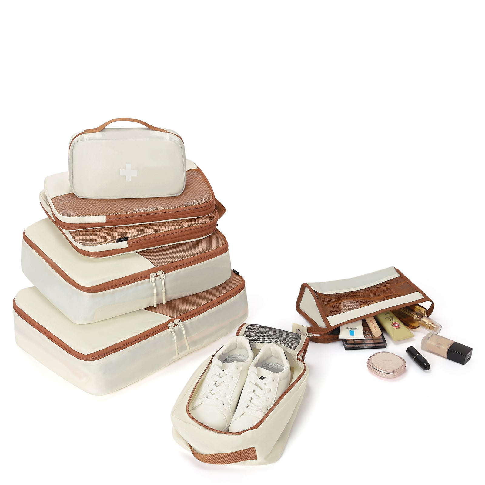 CLUCI Ultralight Packing Cubes 7 Set,Travel Essentials include 2 Compression Packing Cubes for Suitcase 2 Packing Organizers With 1 Shoe Bag,1makeup bag and 1 Medicine bag