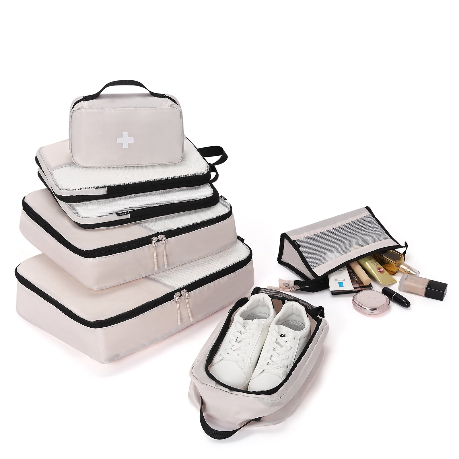 CLUCI Ultralight Packing Cubes 7 Set,Travel Essentials include 2 Compression Packing Cubes for Suitcase 2 Packing Organizers With 1 Shoe Bag,1makeup bag and 1 Medicine bag