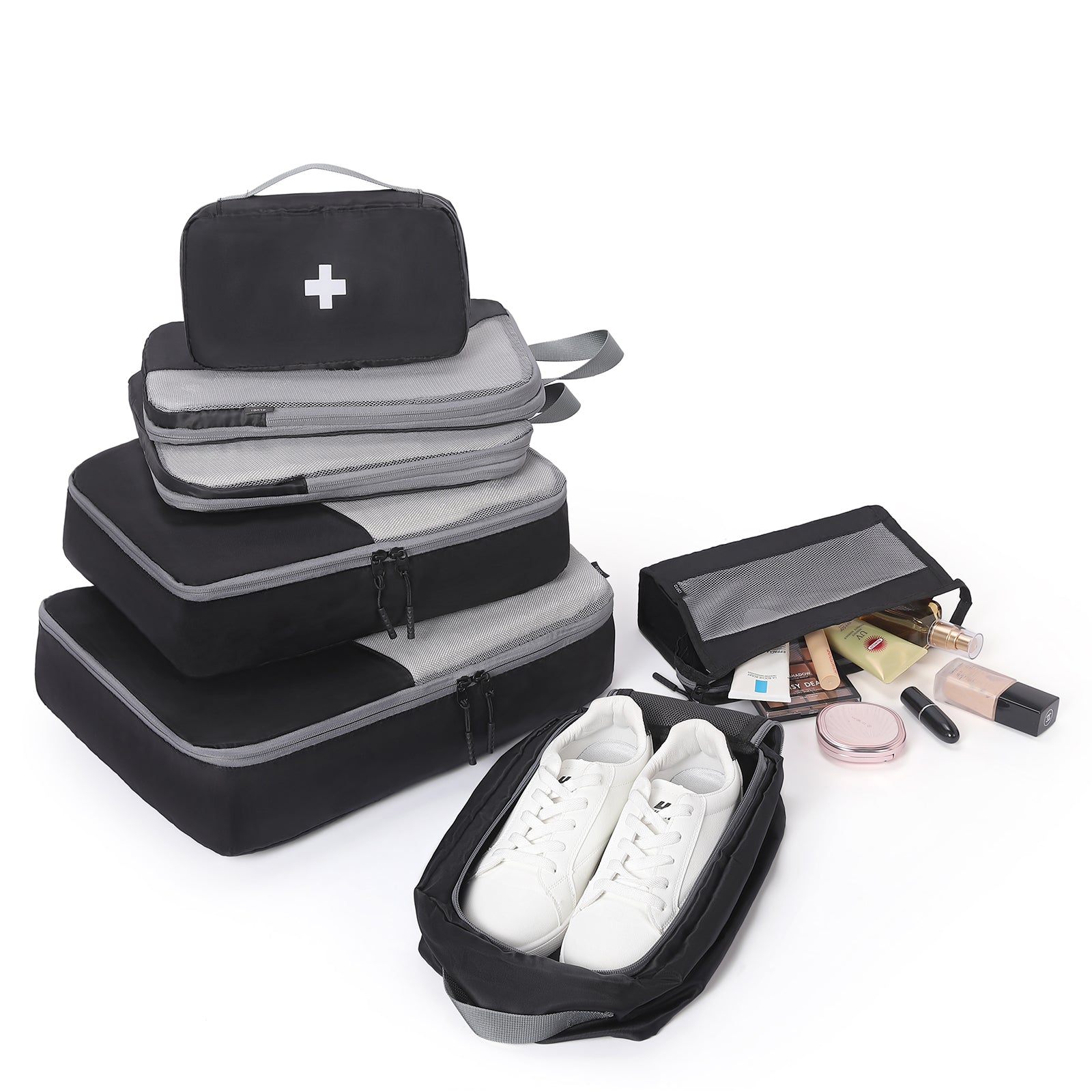 CLUCI Ultralight Packing Cubes 7 Set,Travel Essentials include 2 Compression Packing Cubes for Suitcase 2 Packing Organizers With 1 Shoe Bag,1makeup bag and 1 Medicine bag
