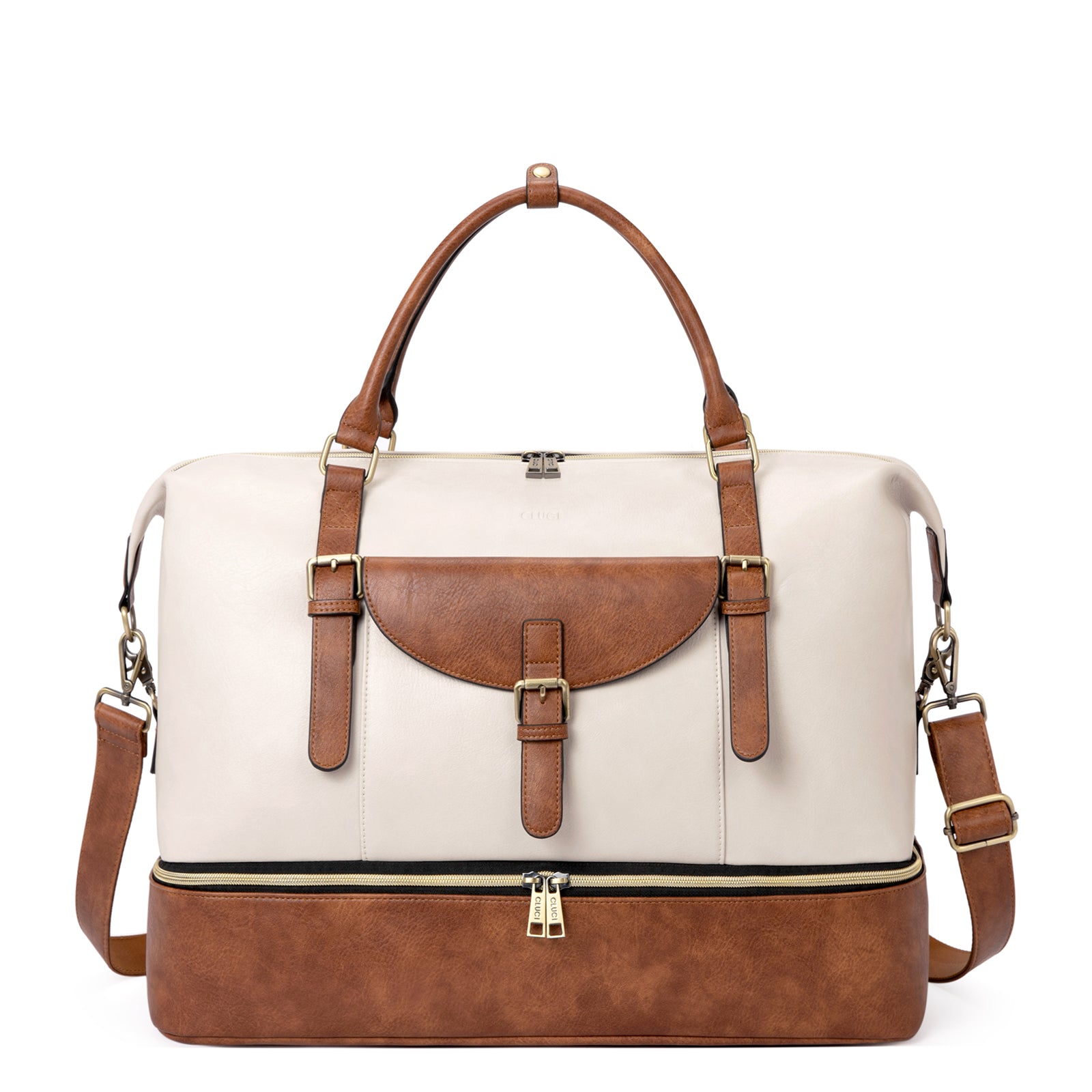 CLUCI Weekender Bag for Women Travel Leather Duffel Bag Carry On Overnight Bag Beige with Brown