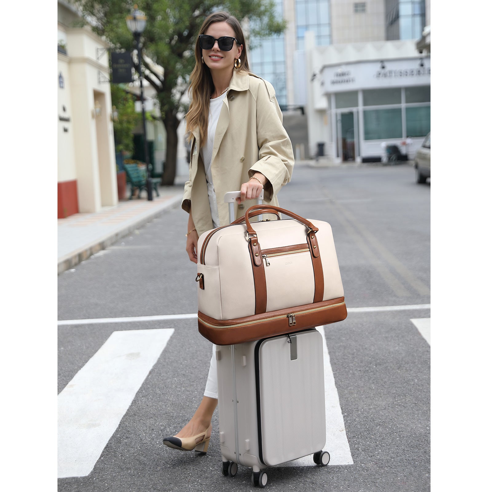 CLUCI Weekender Bag for Women Travel Leather Duffel Bag Carry on Overnight Bag Beige with Brown