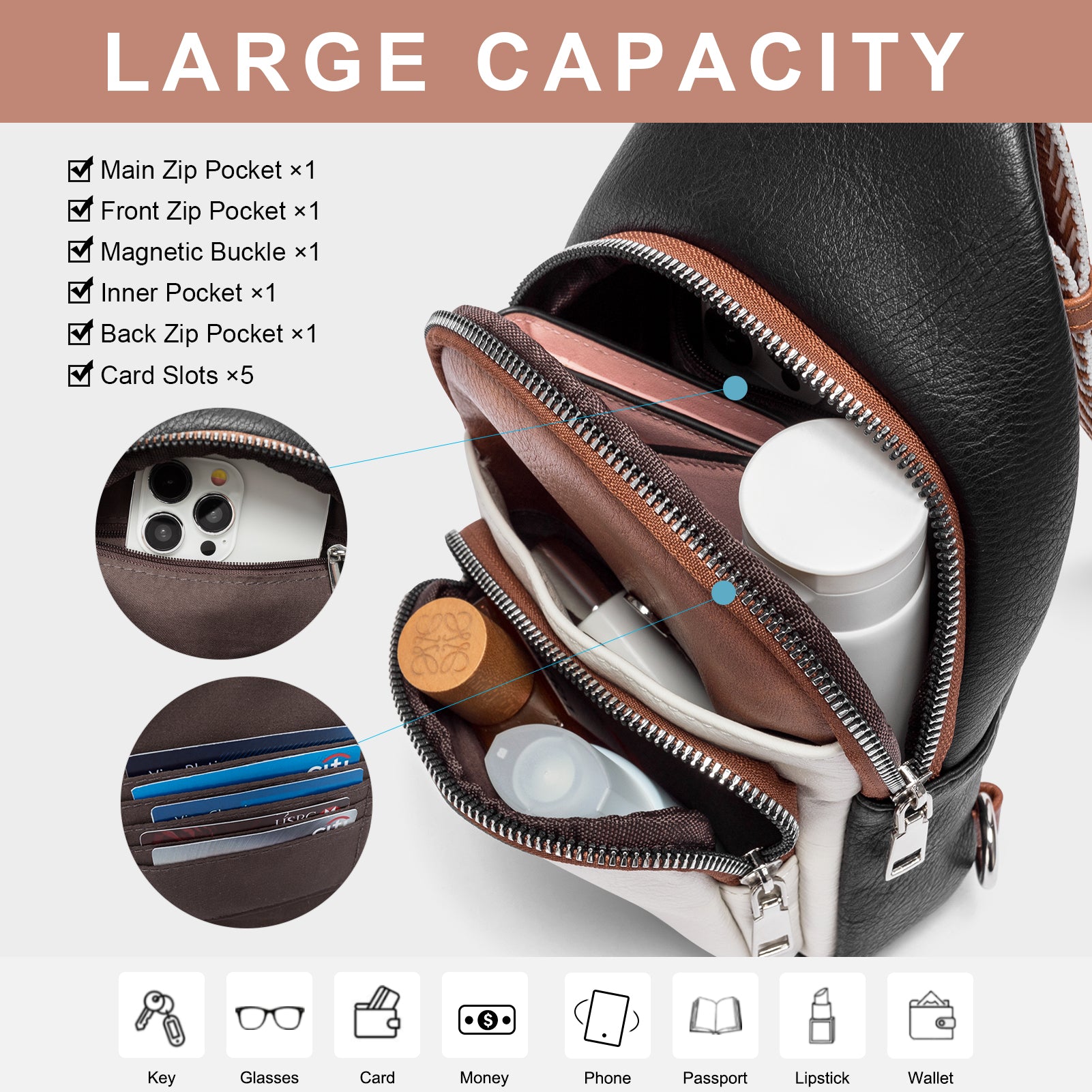 CLUCI Vegan Leather Sling Bag for Women Fanny Pack Crossbody Bags Chest Bag With Guitar Strap