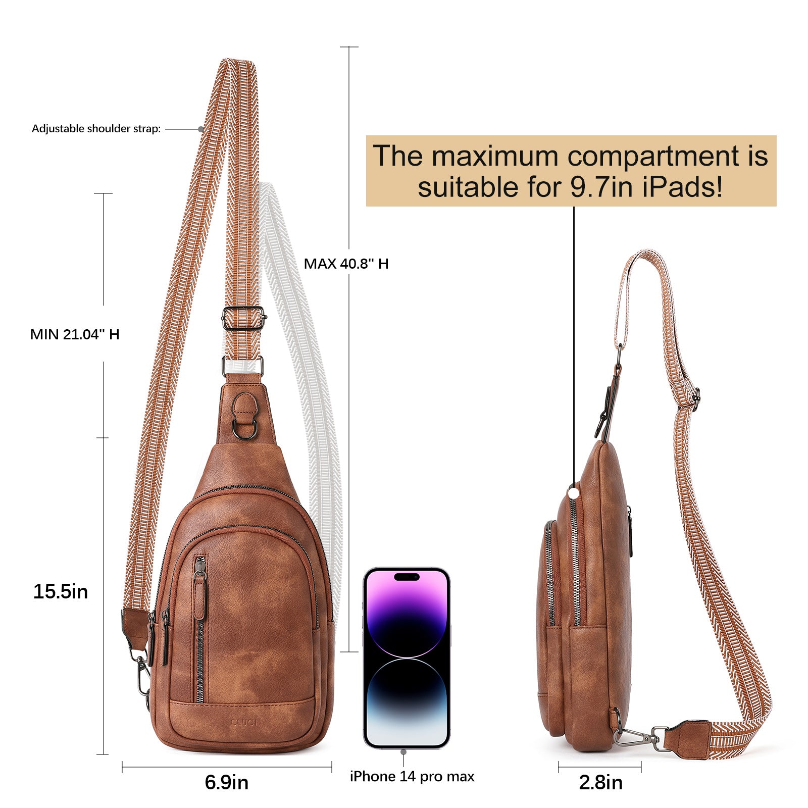 CLUCI Sling Bag for Women Crossbody Leather Large Sling Backpack Fanny Packs Chest Bag for Travel Hiking Cycling