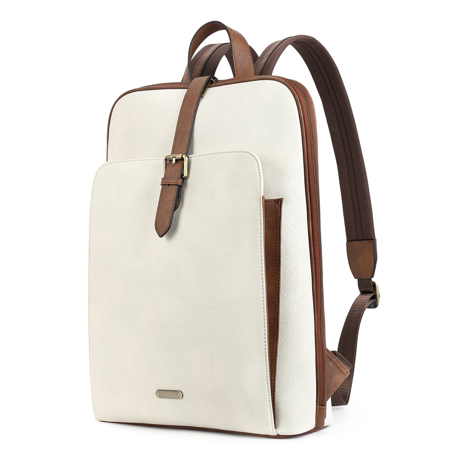 CLUCI Leather 15.6 inch Laptop Backpack Purse for Women Stylish Laptop Bag Work Computer Backpack College Bookbag White