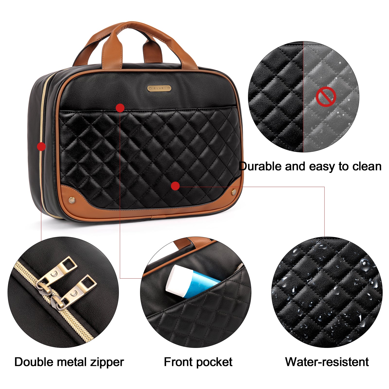 CLUCI Toiletry Bag for women / men Leather Travel Bag Water-resistant Large Makeup Cosmetic Bag Travel Organizer for Accessories with Hanging Hook, Full Sized Container, Toiletries