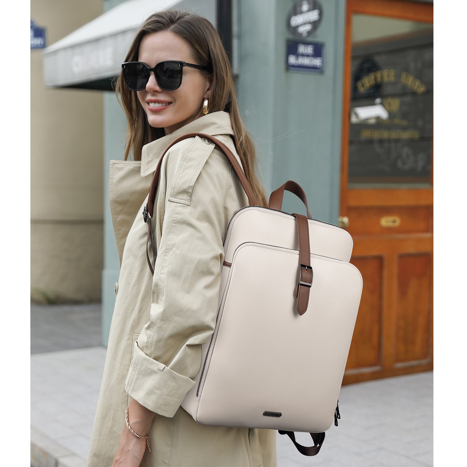 Ivory White Leather Backpack for Women Laptop Backpack Hold 