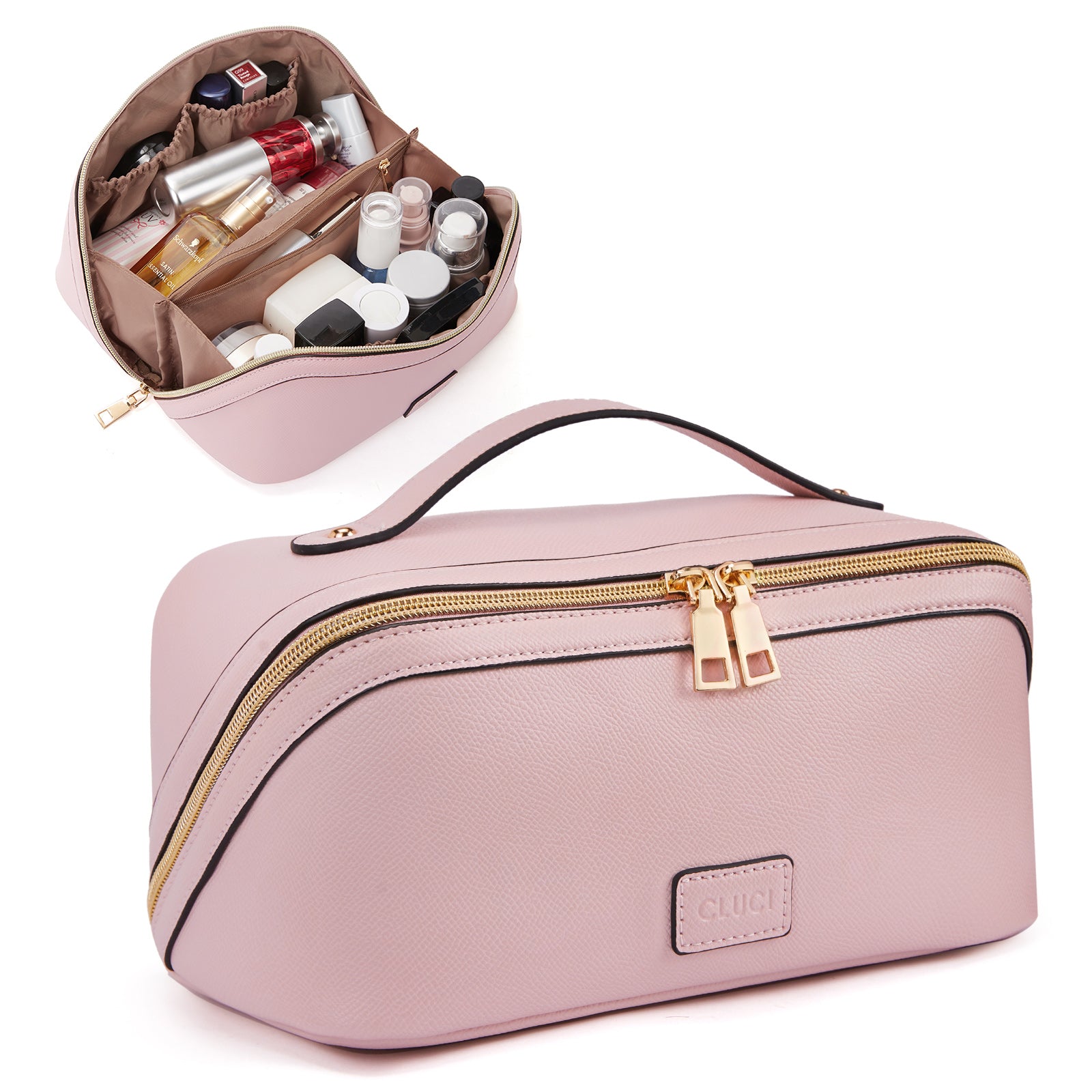 CLUCI Makeup Bag PU Leather Waterproof Large Capacity Cosmetic Bag Organizer Toiletry Bag with Handle and Divider Travel Bag