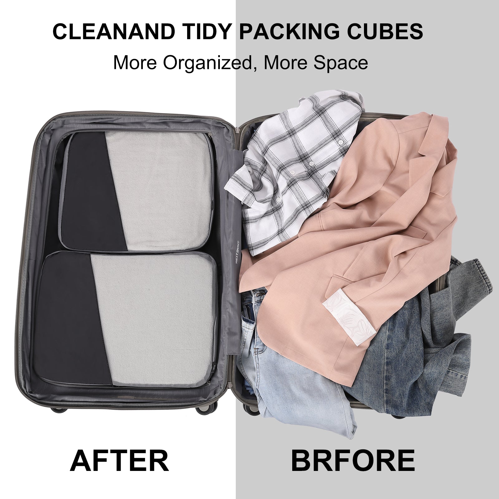 Compression Packing Cubes for Suitcase,CLUCI 4 Set Travel Essentials Organizer Bags for Luggage Travel Accessories, Grey