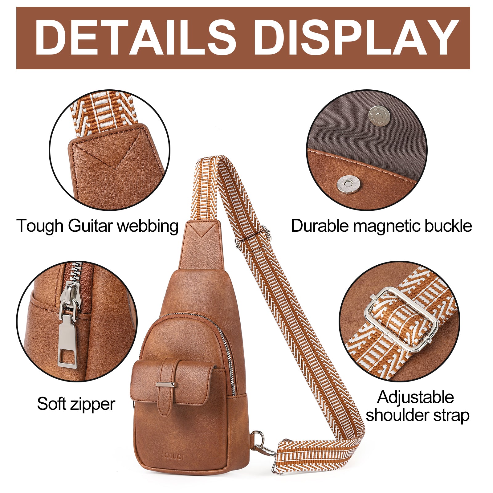 CLUCI Small Faux Leather Sling Bag  Fashion Waist Packs with Guitar Strap for Women