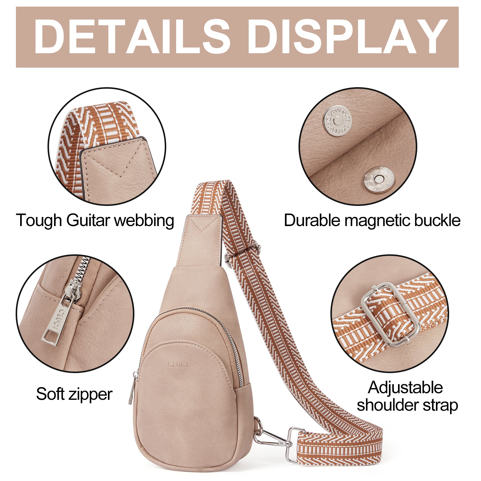 CLUCI  Faux Leather Small Sling Bag Fashion Waist Packs with Guitar Strap for Women's Fanny Packs