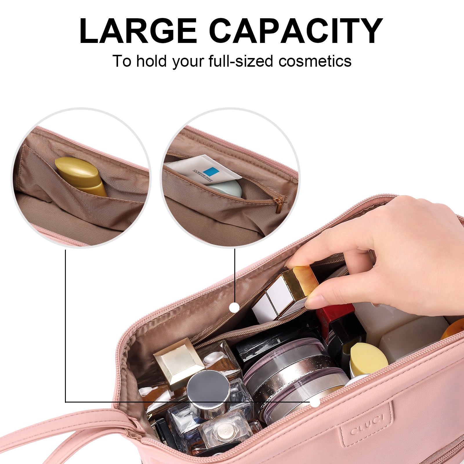 CLUCI Travel Makeup Bag Cosmetic Bag Large Capacity Makeup Bag Organizer PU Leather Water-resistant Women Double Layer Portable Cosmetic Travel Bags Traveling Toiletry Bag