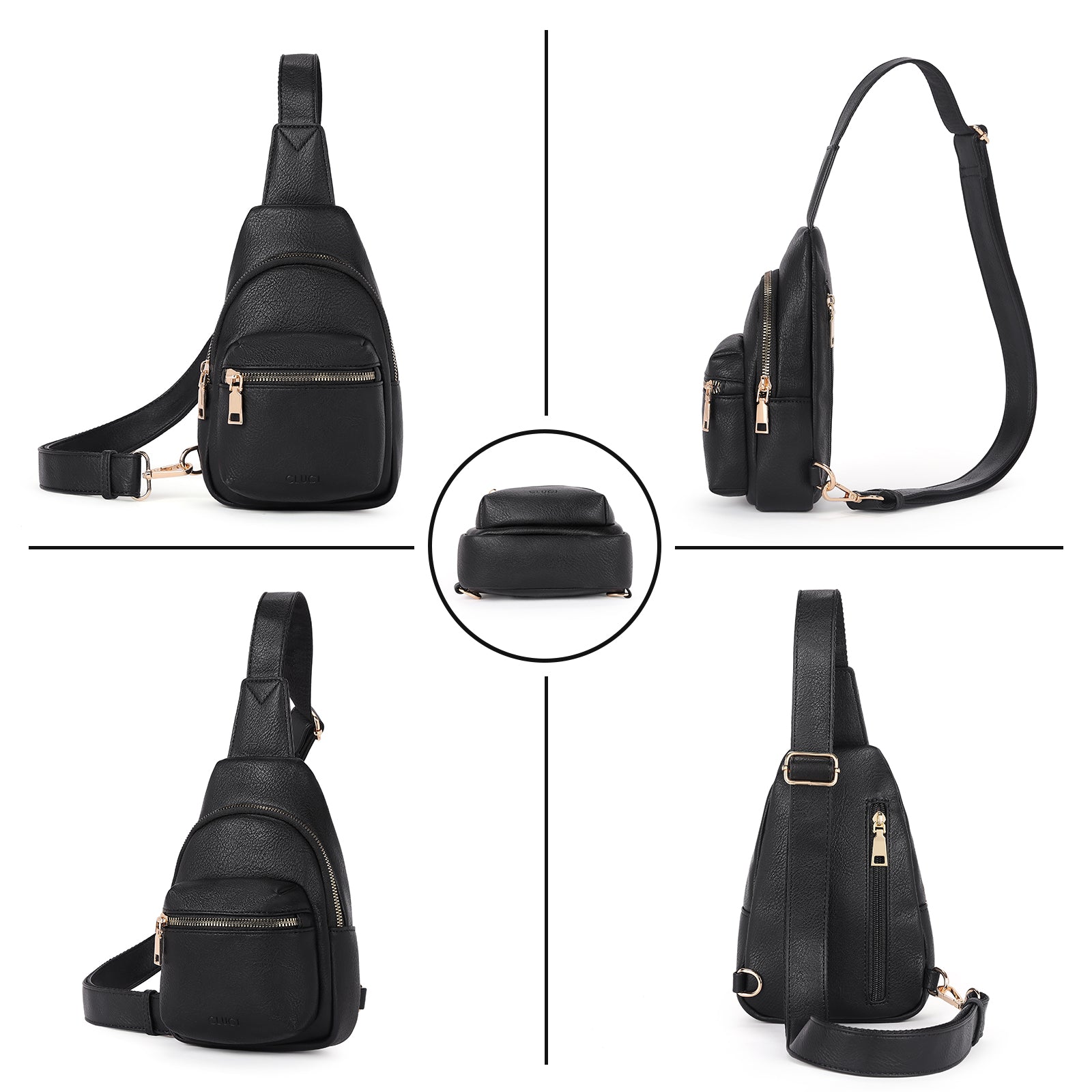 Women's Black Leather Sling Bag Chest Bag for Women, Black