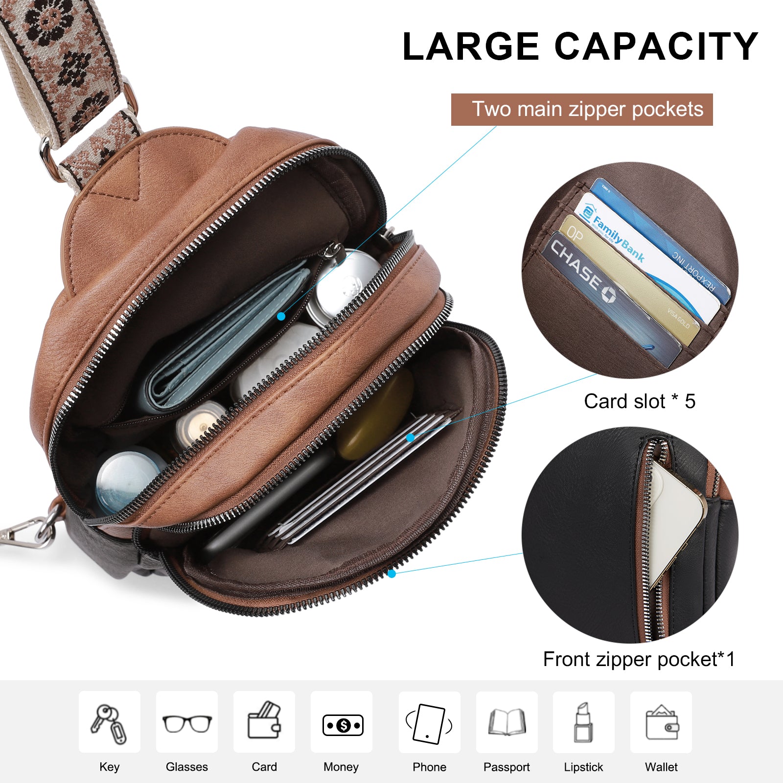 CLUCI Large Leather Fanny Packs Sling Bag for Women Crossbody Purse Trendy Chest Bag