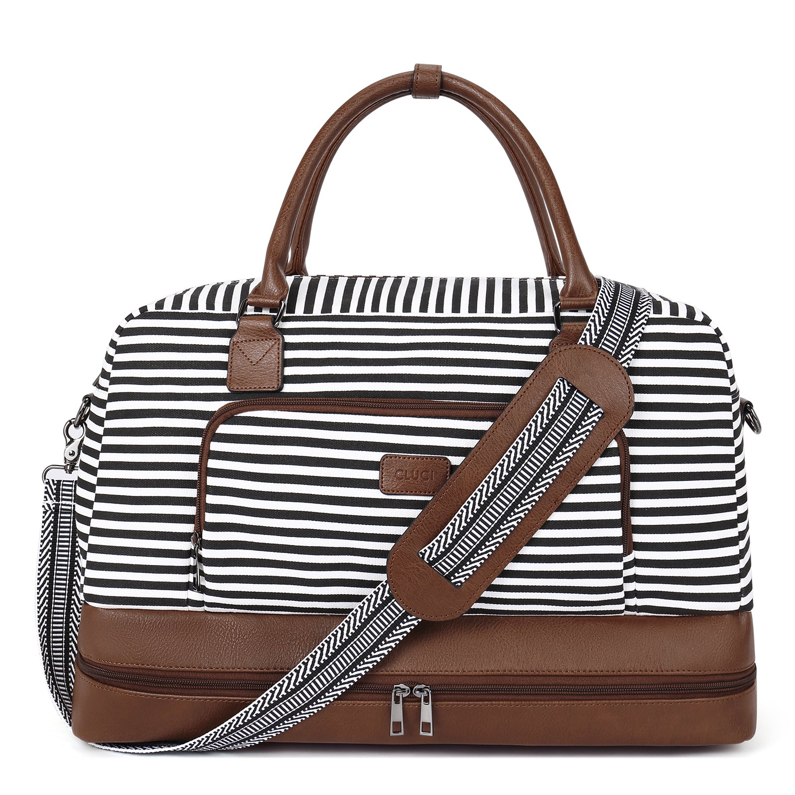 CLUCI Weekender Bags for Women Canvas Duffle Bag Travel Overnight Bags Carry On Tote with Shoe Compartment Black and White Stripe