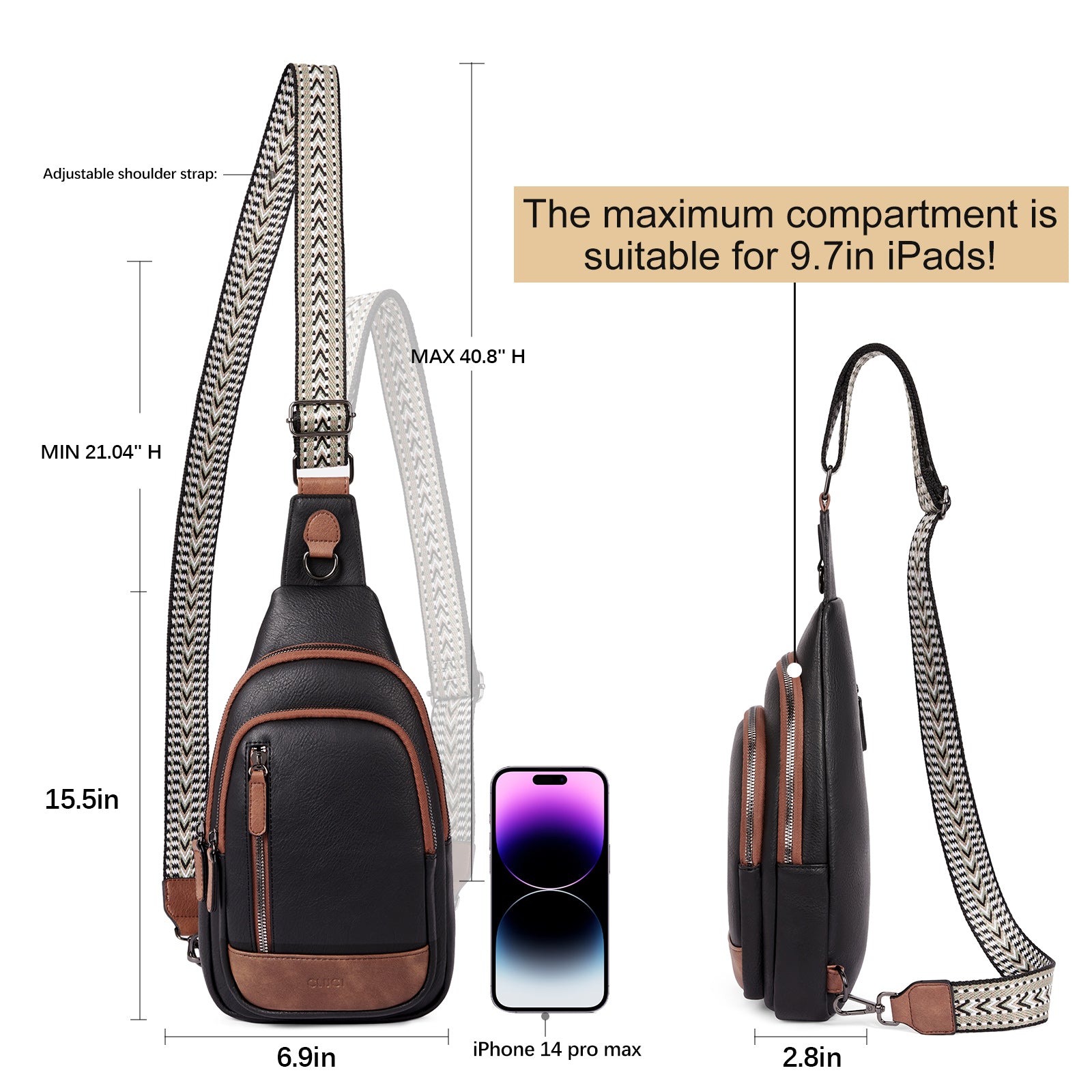 CLUCI Sling Bag for Women Crossbody Leather Large Sling Backpack Fanny Packs Chest Bag for Travel Hiking Cycling