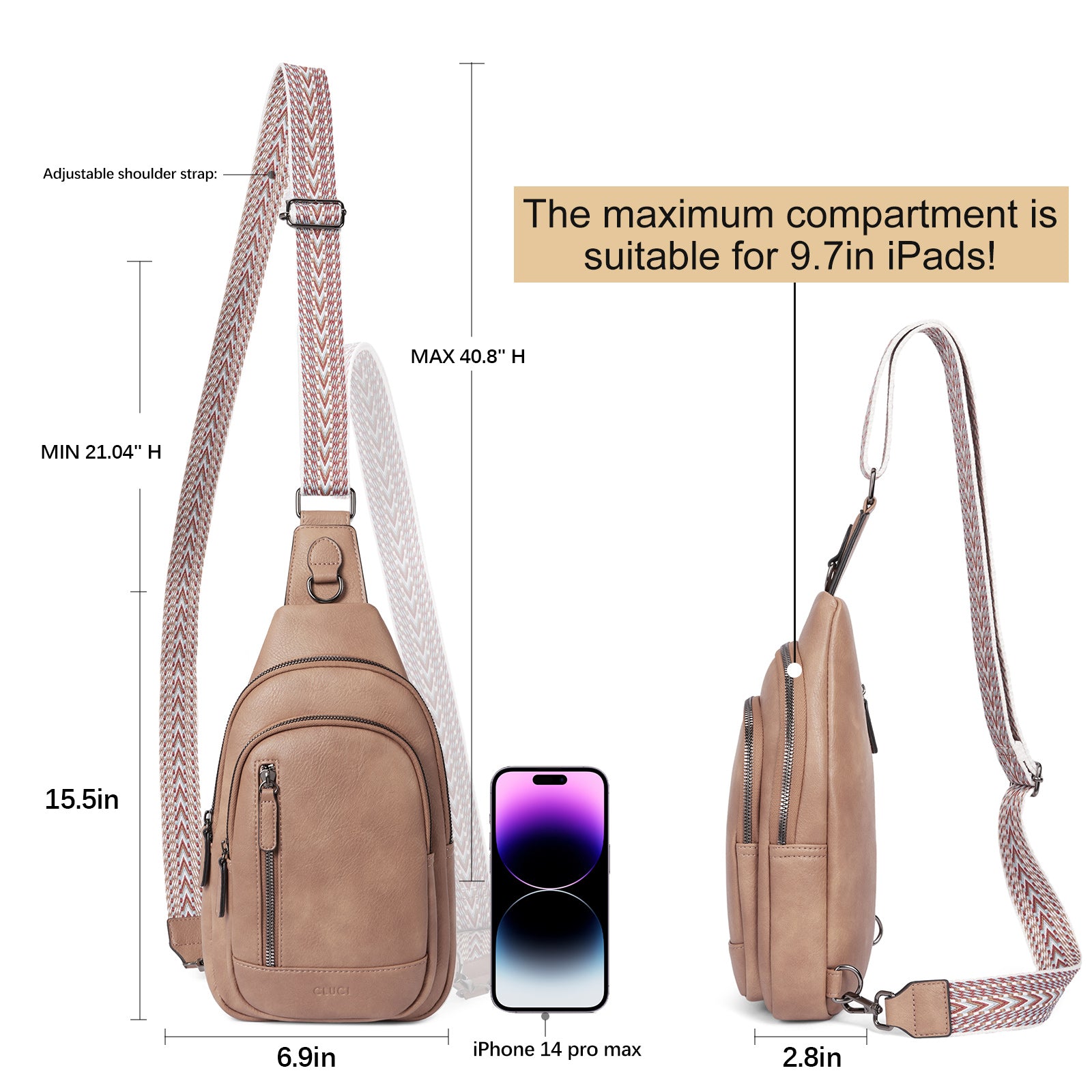 CLUCI Sling Bag for Women Crossbody Leather Large Sling Backpack Fanny Packs Chest Bag for Travel Hiking Cycling