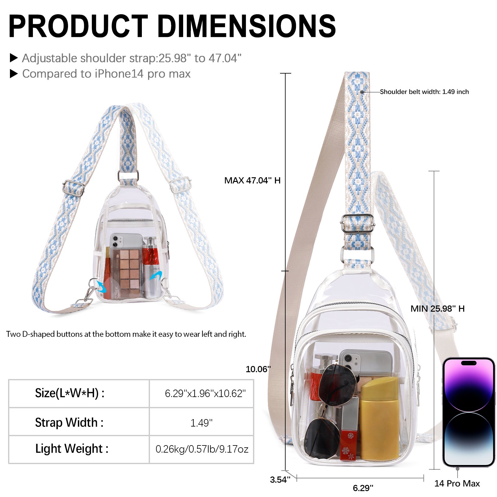 CLUCI Stadium TPU Transparent Clear Sling Bag  Approved for Women with Adjustable Strap