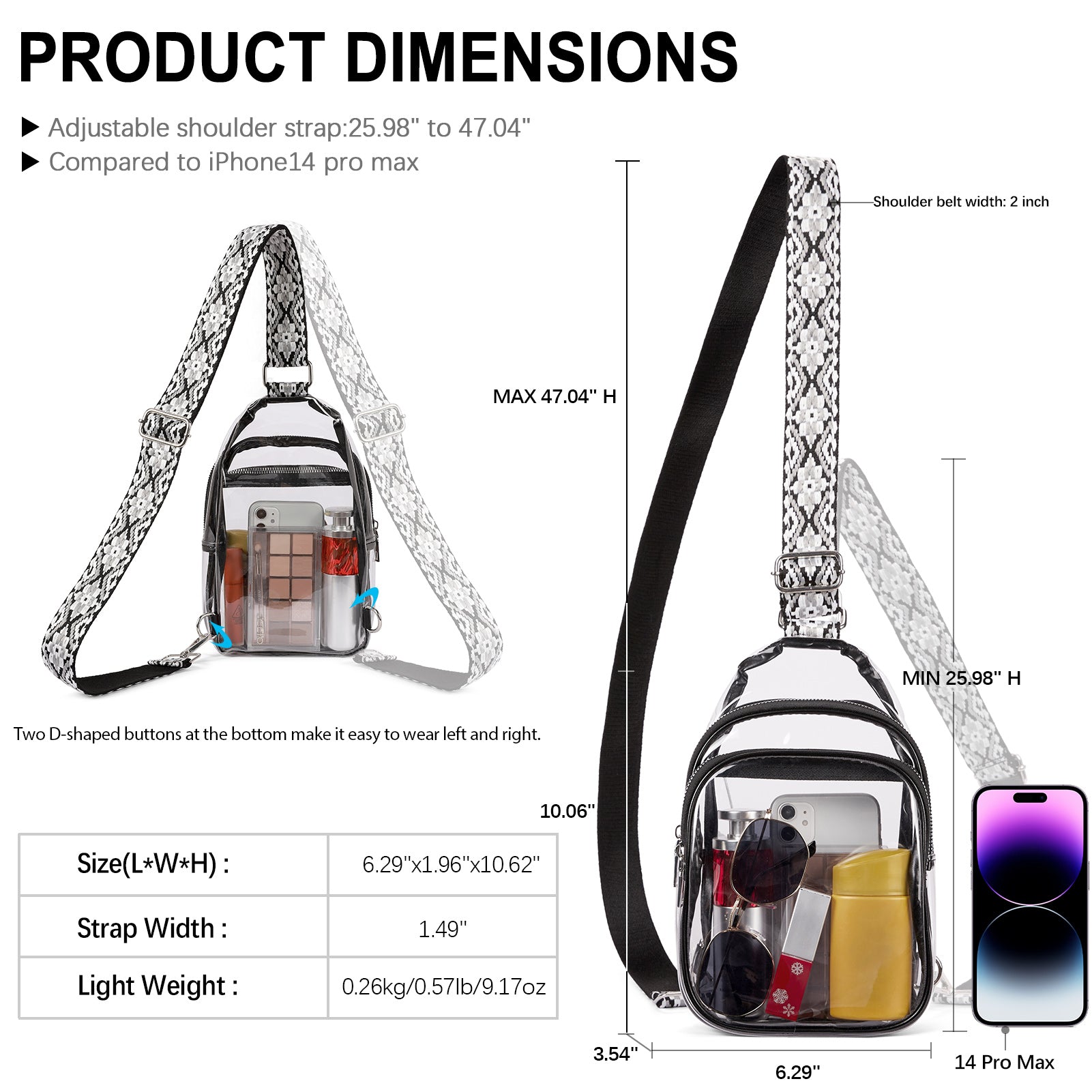 CLUCI Stadium TPU Transparent Clear Sling Bag  Approved for Women with Adjustable Strap