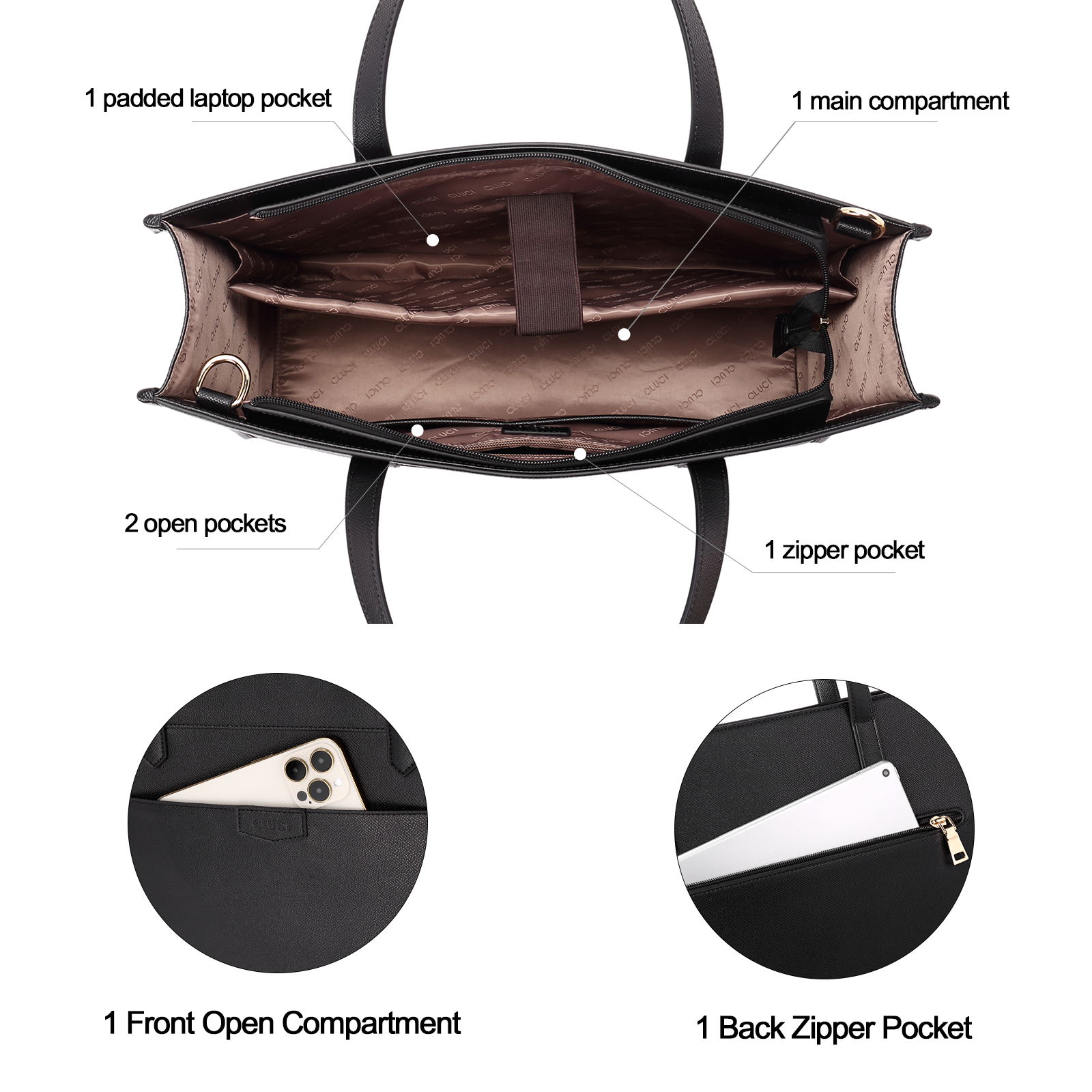 CLUCI Laptop Tote Bag for Women 15.6 inch Computer Briefcase Leather Work Bag Beige with Black