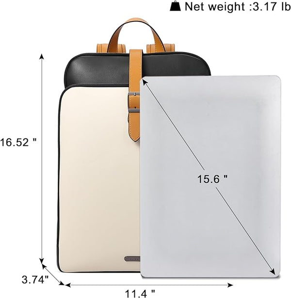 CLUCI Genuine Leather Laptop Backpack Purse For Women 15.6 Inch Ladies Work Backpack Vintage Travel Casual College Large Shoulder Bags Beige With Yelow Fine Lines