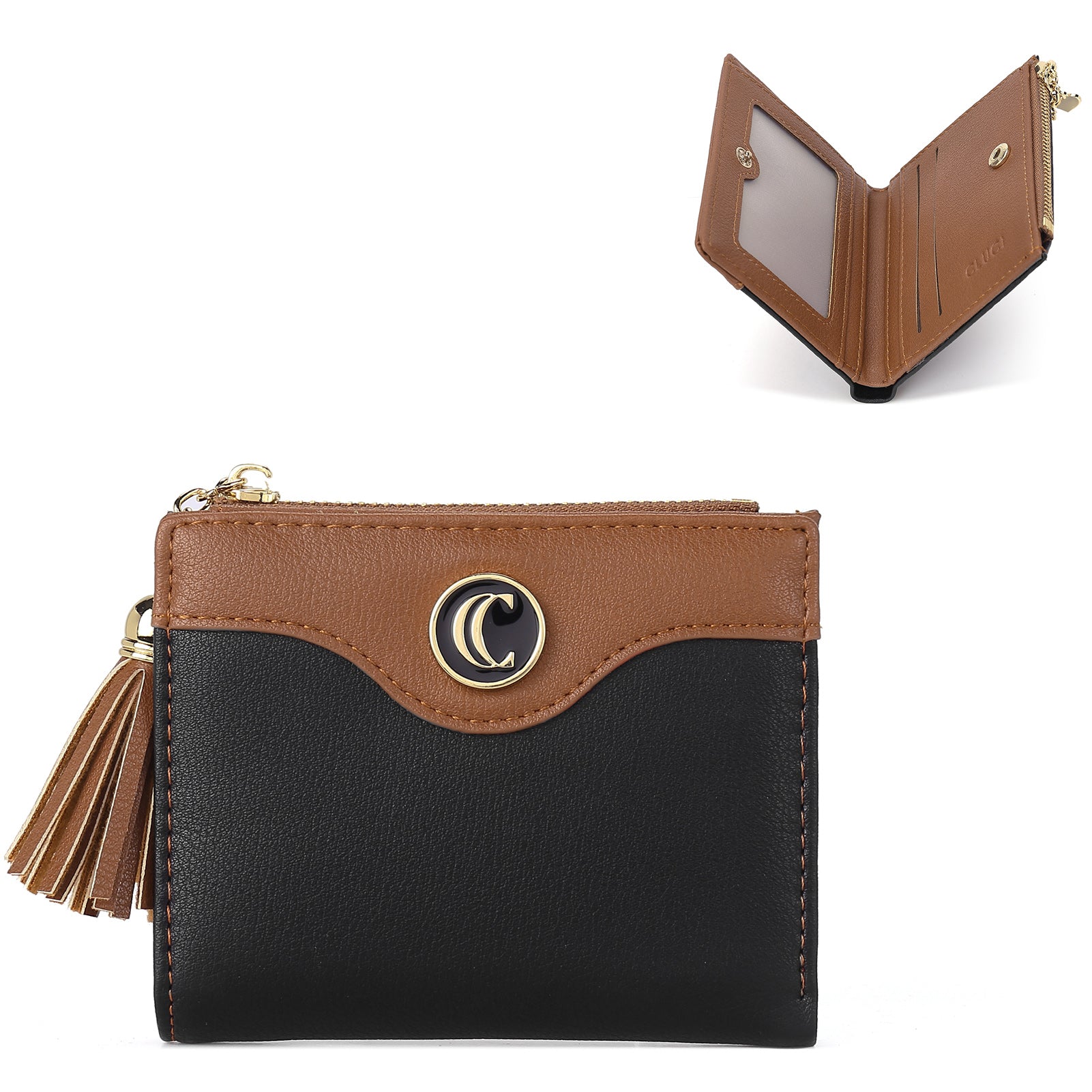 CLUCI Vegan Leather Wallets for Women Small Credit Card Holder Ladies Compact Coins Zipper Pocket with Tassel Black With Brown