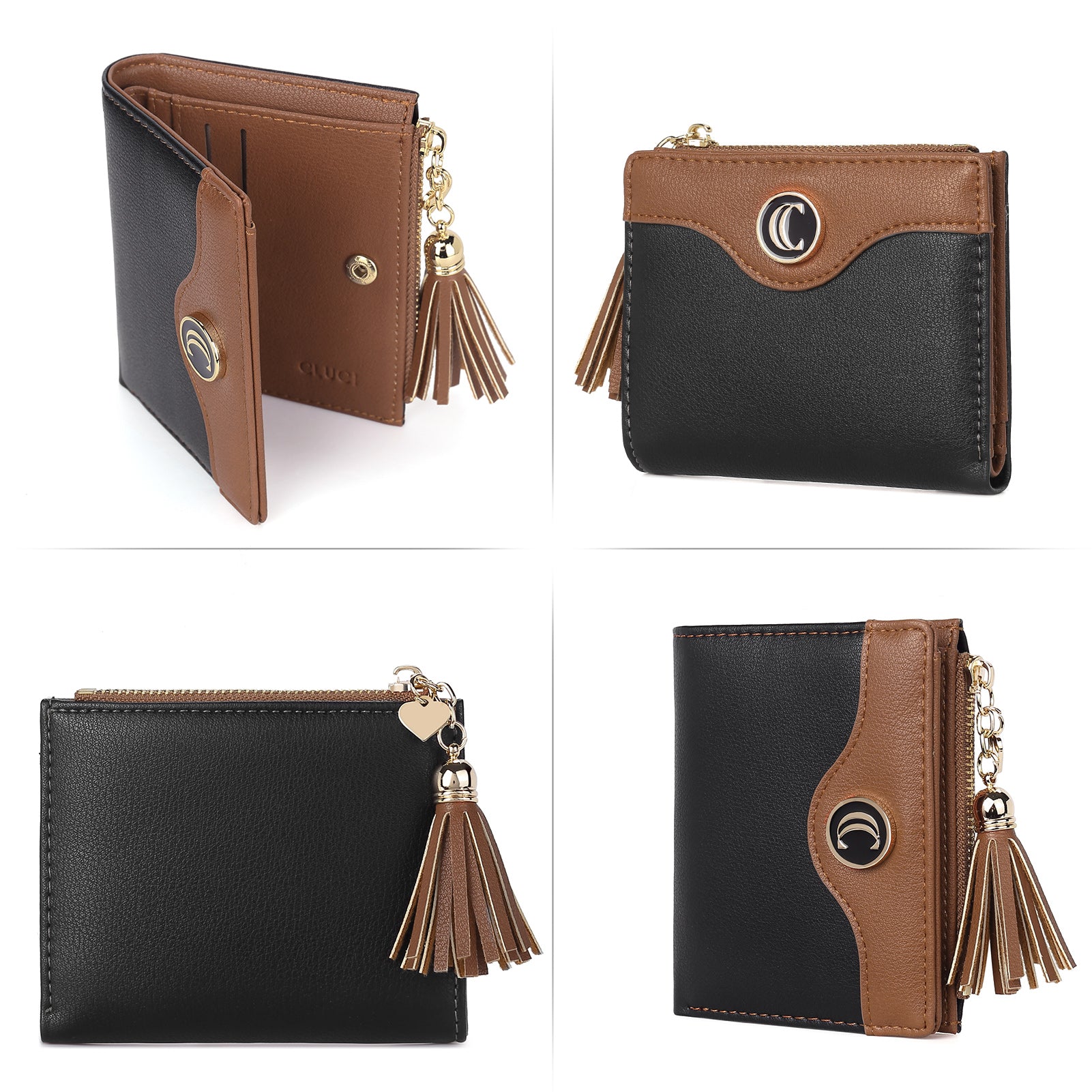 CLUCI Vegan Leather Wallets for Women Small Credit Card Holder Ladies Compact Coins Zipper Pocket with Tassel Black With Brown