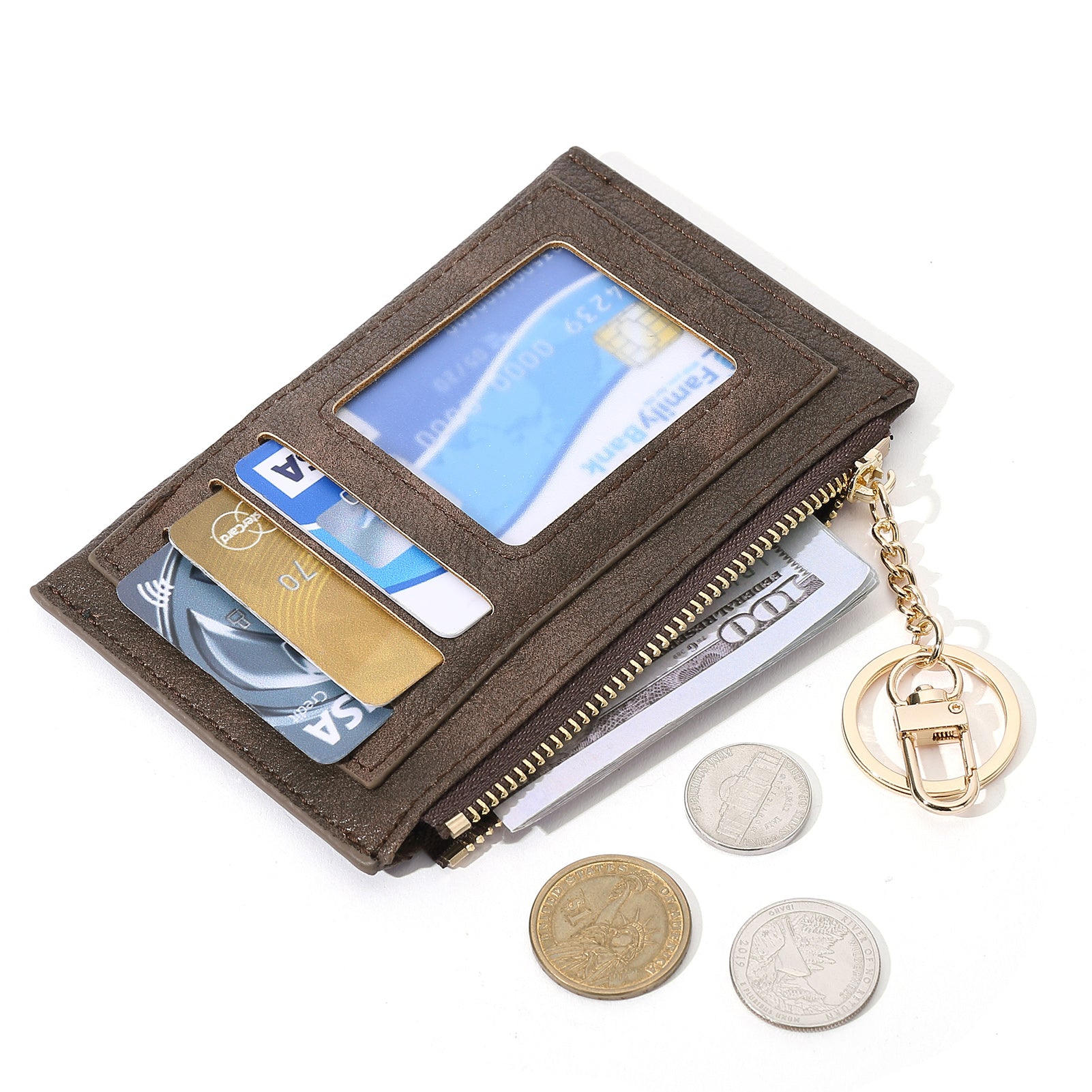 CLUCI Womens Small Leather Wallet Coin Slim Zipper Pocket Credit Card Holder with Keychain