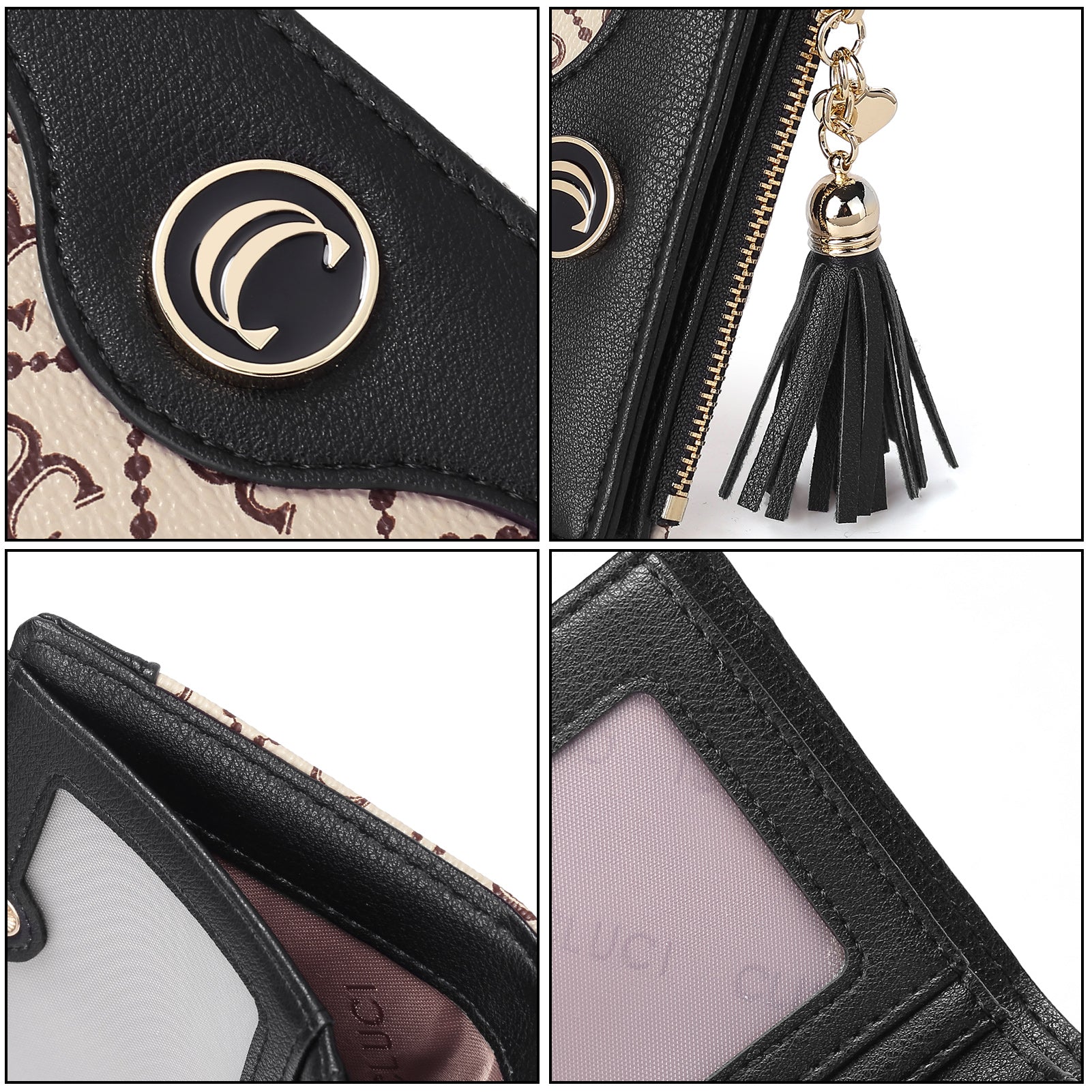 CLUCI Vegan Leather Wallets for Women Small Credit Card Holder Ladies Compact Coins Zipper Pocket with Tassel Black With Brown