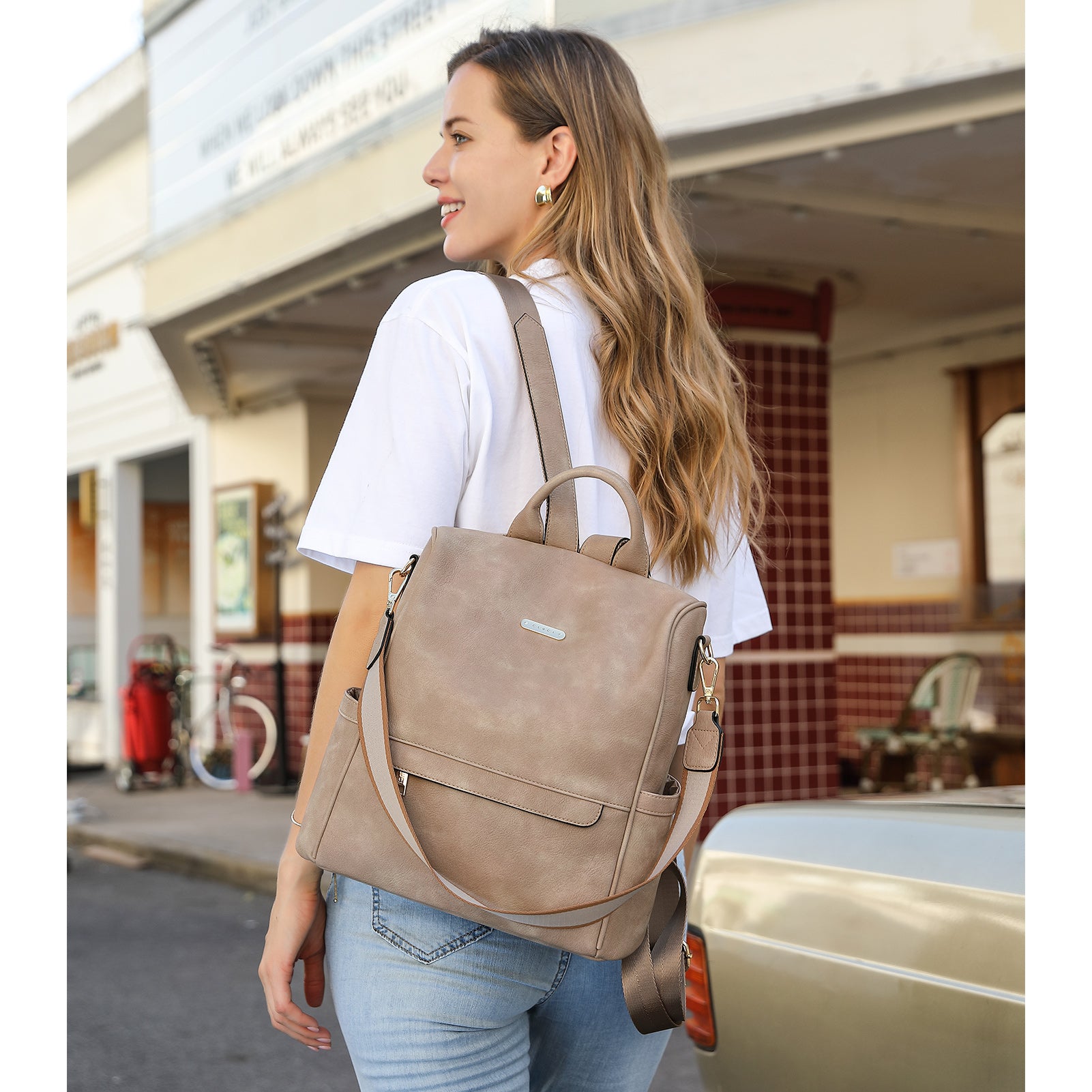 Women Vegan Leather Backpack Purse Fashion Travel Backpack with Convertible Shoulder Strap | Cluci, Brown