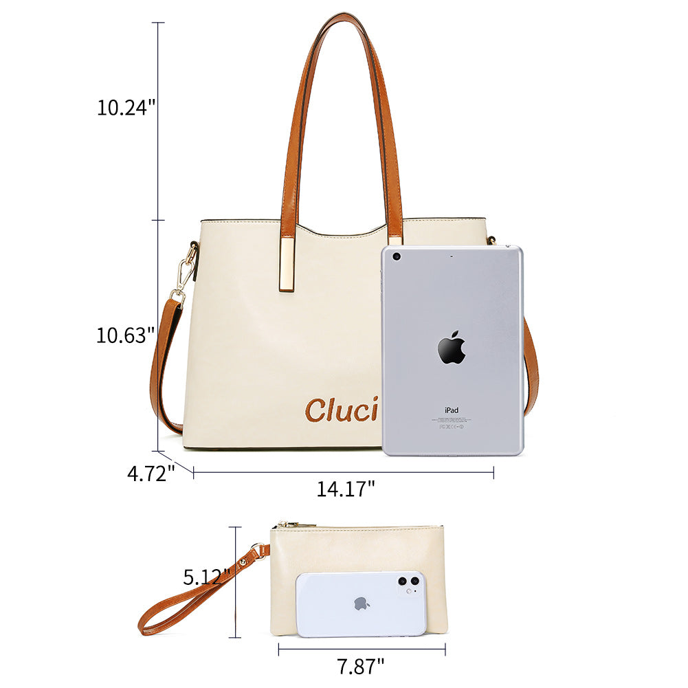 CLUCI Purses and Handbags for Women Leather Designer Tote Large Fashion Ladies Shoulder Bags with Inner Pouch 2Pcs Set