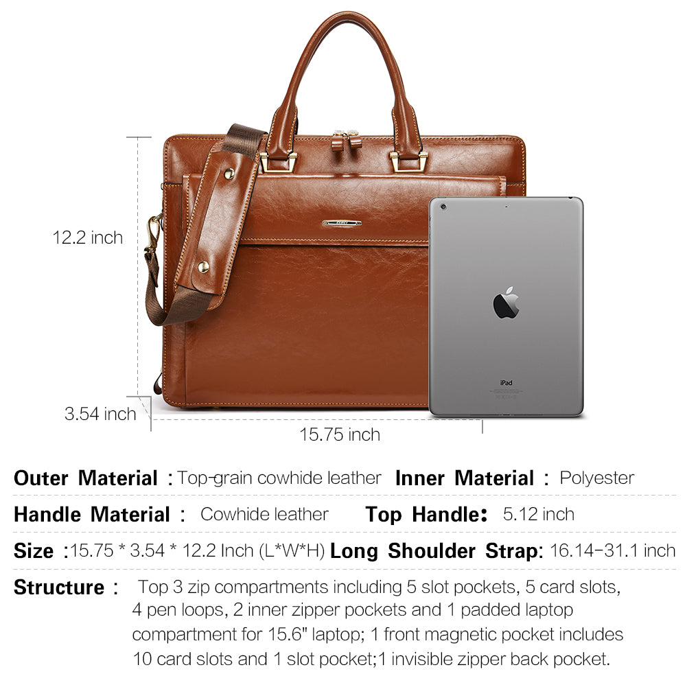 BOSTANTEN Briefcase for Women Leather Laptop Handbag 15.6 inch Computer Bag Shoulder Work Tote Stylish, Beige