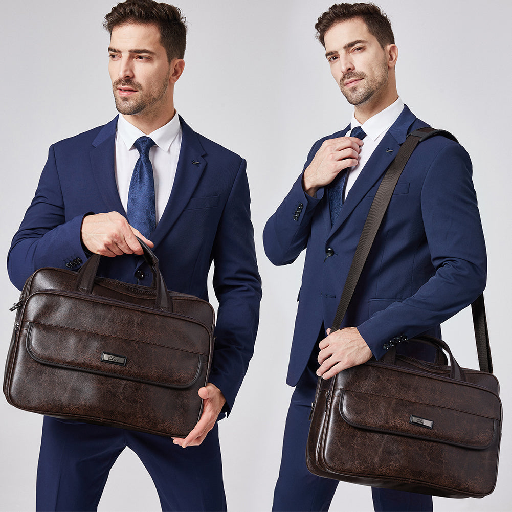 CLUCI Leather Briefcases for Men Expandable 15.6 Inch Laptop Bag Large Business Vintage Travel Computer Shoulder Bag Brown