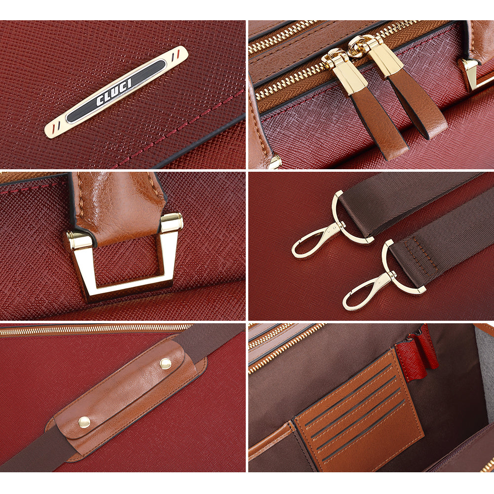 Women Oil Wax Leather Briefcases Slim Large Business 15.6 Laptop Vintage Shoulder Bag | Cluci, Oil Wax Brown