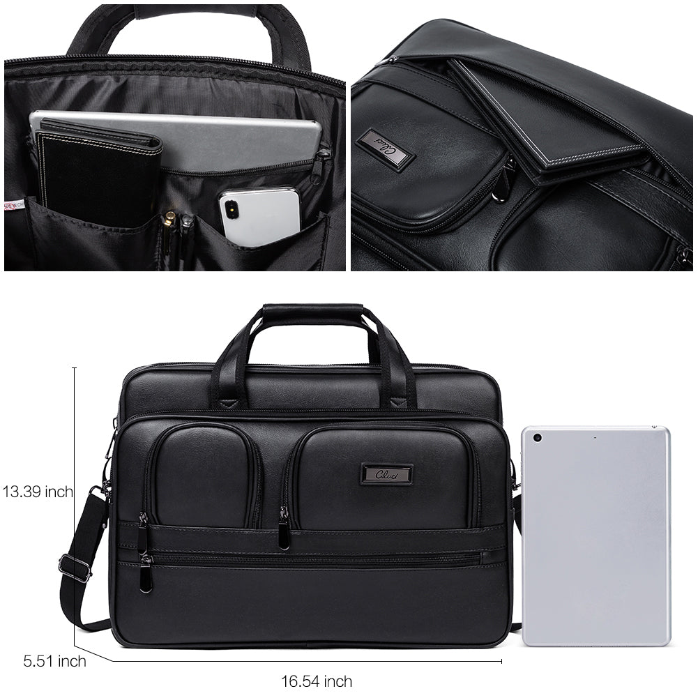 CLUCI Briefcases for Men Leather 15.6 inch Laptop Bag Large Capacity Expandable Business Work Shoulder Messenger Bag Black