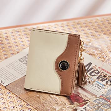 CLUCI Vegan Leather Wallets for Women Small Credit Card Holder Ladies Compact Coins Zipper Pocket with Tassel Black With Brown