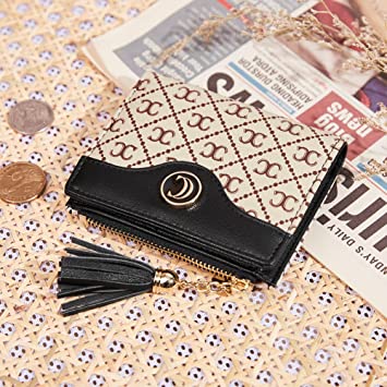 CLUCI Vegan Leather Wallets for Women Small Credit Card Holder Ladies Compact Coins Zipper Pocket with Tassel Black With Brown