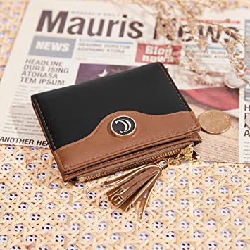 CLUCI Vegan Leather Wallets for Women Small Credit Card Holder Ladies Compact Coins Zipper Pocket with Tassel Black With Brown