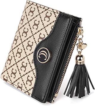 CLUCI Vegan Leather Wallets for Women Small Credit Card Holder Ladies Compact Coins Zipper Pocket with Tassel Black With Brown