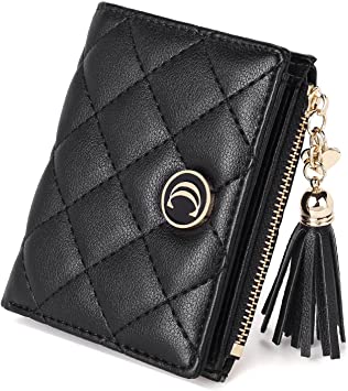 CLUCI Vegan Leather Wallets for Women Small Credit Card Holder Ladies Compact Coins Zipper Pocket with Tassel Black With Brown