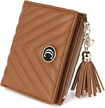 CLUCI Vegan Leather Wallets for Women Small Credit Card Holder Ladies Compact Coins Zipper Pocket with Tassel Black With Brown