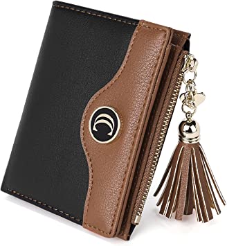 CLUCI Vegan Leather Wallets for Women Small Credit Card Holder Ladies Compact Coins Zipper Pocket with Tassel Black With Brown